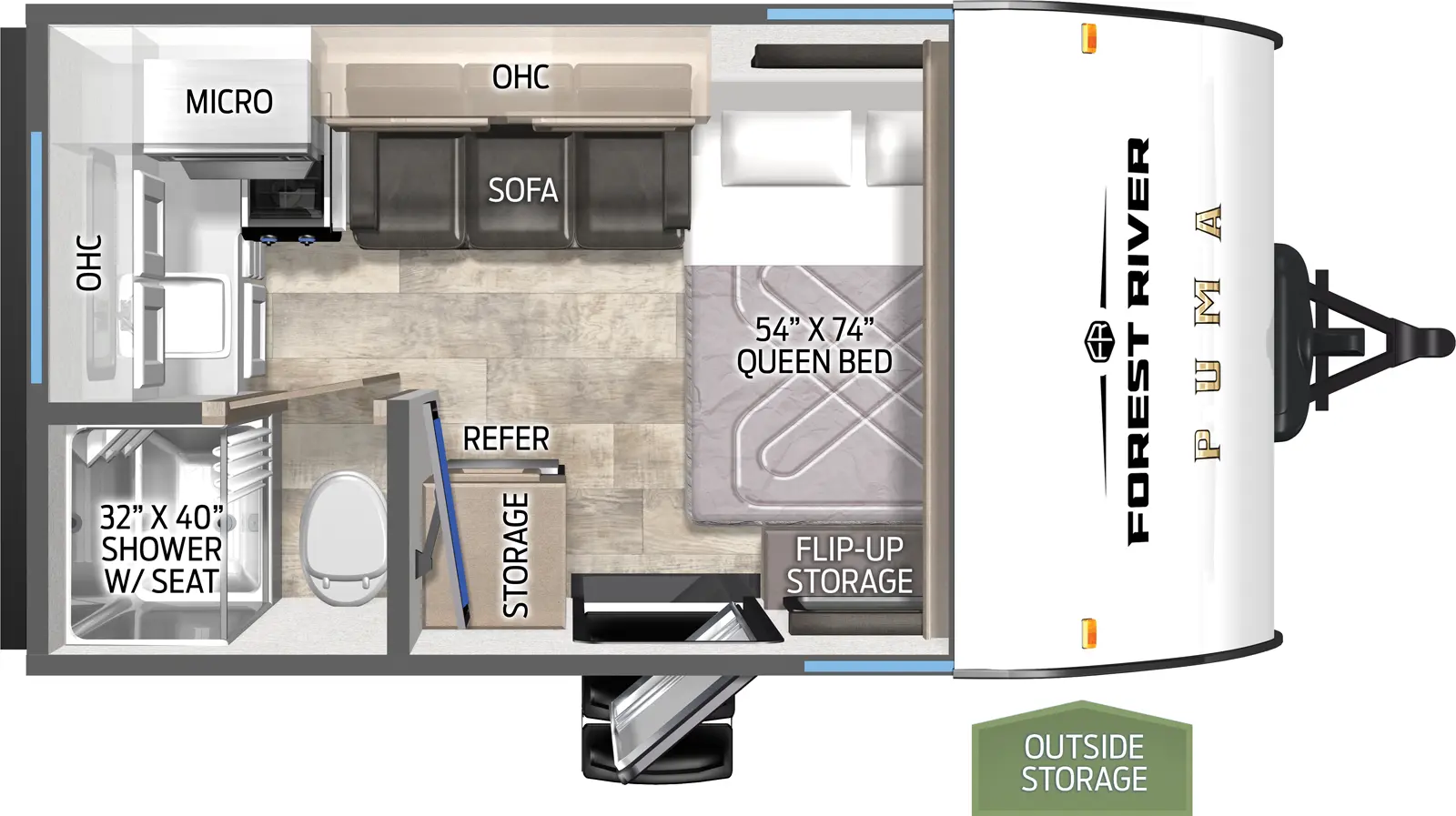 The Puma Camping Edition 121RKCE floorplan has one entry and zero slide outs. Exterior features include: metal exterior and 9' awning. Interiors features include: front bedroom.